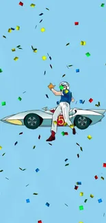 Speed Racer anime character with car on sky blue background.