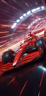 High-speed red race car in dynamic tunnel setting.