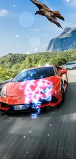 Red sports car driving through scenic mountain road with an eagle above.