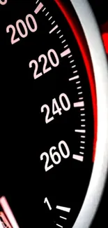 Close-up of a speedometer with red and black contrast.