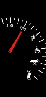 Speedometer wallpaper with red needle and health icons on a black background.