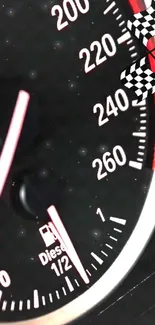 Close-up of a racing speedometer showing high speed and dynamic design.