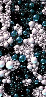 Spheres pattern wallpaper with teal and white bubbles on a black background.