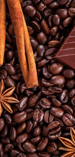 Coffee beans with cinnamon and chocolate.