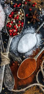 Spices on spoons featuring salt, pepper, and star anise.