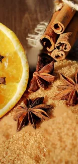 Wallpaper featuring orange slices, cinnamon sticks, star anise on brown sugar.