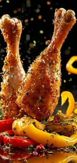 Spicy chicken drumsticks with vibrant peppers in the air.