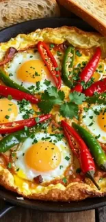 Spicy egg skillet with chili peppers and herbs.