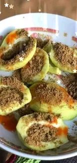 Green guavas with chili powder and sauce in a decorative bowl.