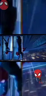 Spider-Man comic style wallpaper with action scenes in blue cityscape.