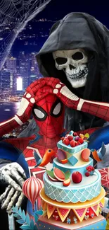 Superhero and skeleton with festive cake in city backdrop.
