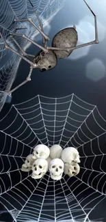 Spider with skulls on a web, dark theme wallpaper.