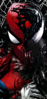 Spider-Man and Venom fusion artwork in vivid colors.