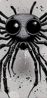 Minimalist artwork of a spider in black and white on a gray background.