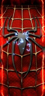 Black spider emblem on red textured wallpaper.