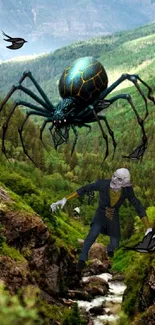 Giant spider in mountainous fantasy landscape.