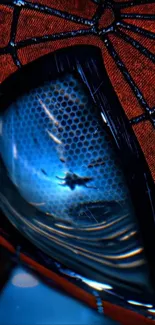 Close-up of superhero eye with reflections.