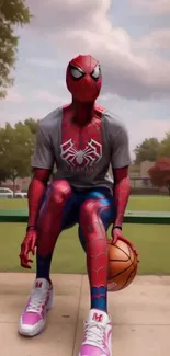 Spider superhero sitting on a park bench holding a basketball.