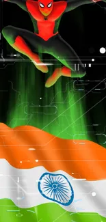 Superhero leaps over glowing Indian flag in dynamic mobile wallpaper.