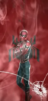 Superhero in dynamic pose on red background wallpaper.