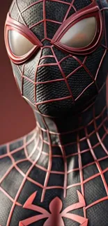 Spider hero in black and red suit with intricate web design.