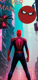 Spider Hero in a neon-lit cityscape, vibrant urban wallpaper.