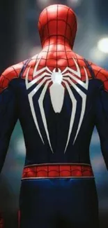 Spider Hero in red and blue suit, back view.