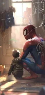 Spider Hero kneeling by a window with a child, sharing a heartwarming moment.