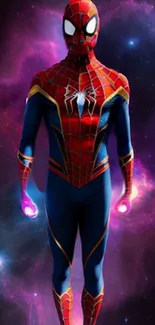 Spider hero stands against a vivid cosmic and galactic background.