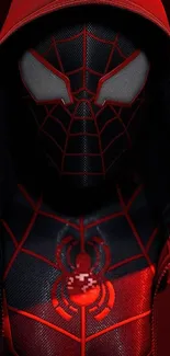 Stylized spider-themed wallpaper in bold red and black for mobile screens.