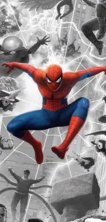 Spider-Man in action amidst classic villains in a comic-style scene.