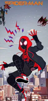 Spider-Man in urban animated backdrop with cityscape.