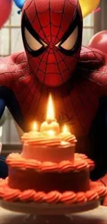 Spider-Man with cake and balloons, festive scene.
