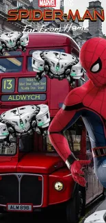 Spider-Man with drones on London bus background.