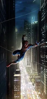 Spider-Man swinging through cityscape at night, vibrant phone wallpaper.