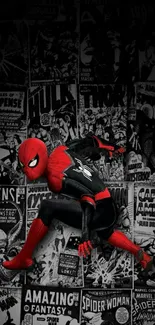 Spider-Man in black and red suit on comic book background wallpaper.