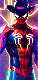 Spider-Man dressed as a cowboy with neon lights.