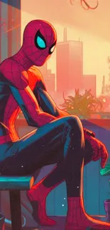 Spider-Man sitting in a colorful urban setting.