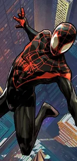 Miles Morales Spider-Man swinging in cityscape with black and red suit.