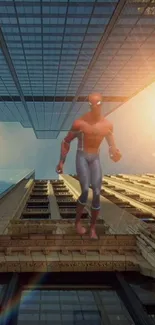 Spider-Man leaping over city skyscrapers with vibrant urban backdrop.