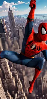 Spider-Man swings through New York City skyline in vibrant superhero action.