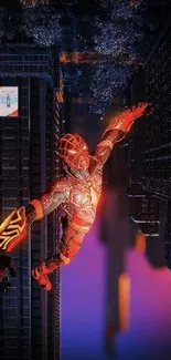 Spider-Man swinging upside down in glowing night cityscape.