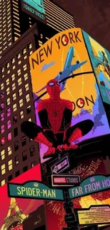 Dynamic Spider-Man cityscape wallpaper with colorful billboards.