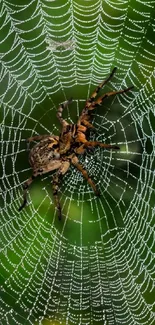 A spider sits on its intricate web with a green forest background.