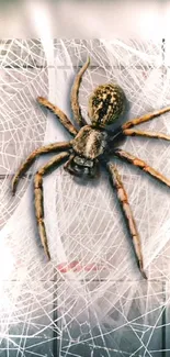 Realistic spider resting on an intricate web.