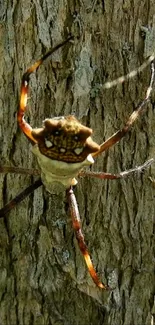 Spider resting on tree bark close-up image.