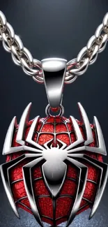 Red and silver spider pendant on chain.