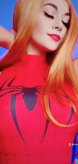 Cosplay in a red spider-themed suit with a blue background.