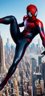 Spider-Man soaring above city buildings in vibrant superhero action.