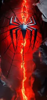 Red fiery wallpaper with black spider symbol in rocks.